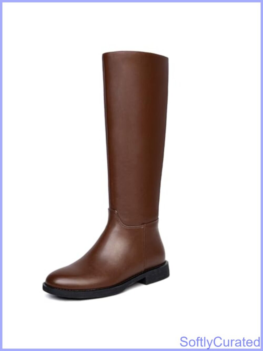 Faux Leather Knee High Boots Flat Round Toe Low Heel Side Zipper Riding